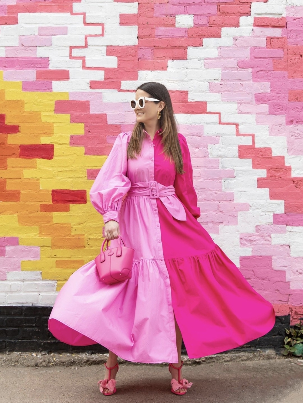 Christopher John Rogers Two-Tone Pink Maxi Shirt Dress with Belt